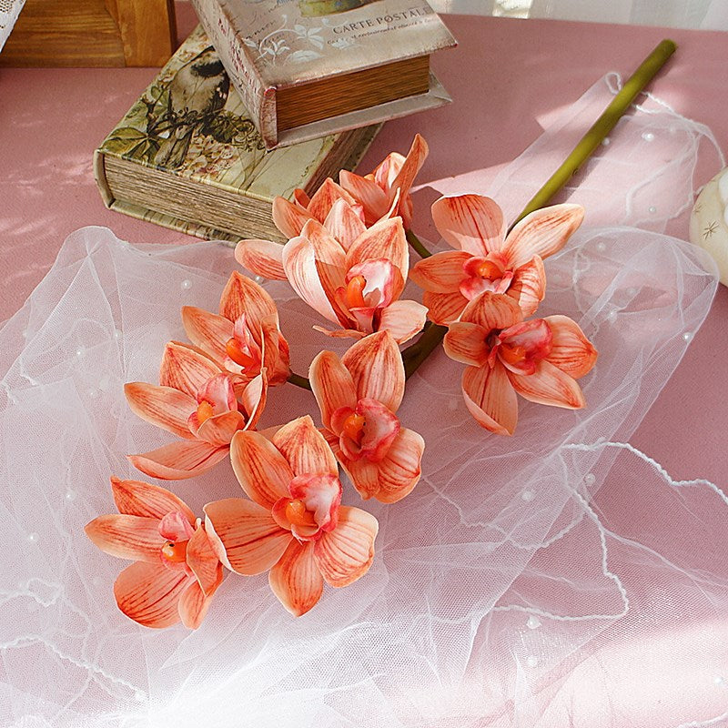 10 Pcs Artificial Autumn Cymbidium Stems 18 Inch Real Touch Fall Orange Flowers