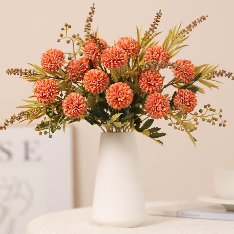 12.5 Inch Artificial Pom Pom Mums Bush, Realistic Silk Fall Flowers, 1 Stem for Autumn Decor, Thanksgiving Tabletop Wreath DIY