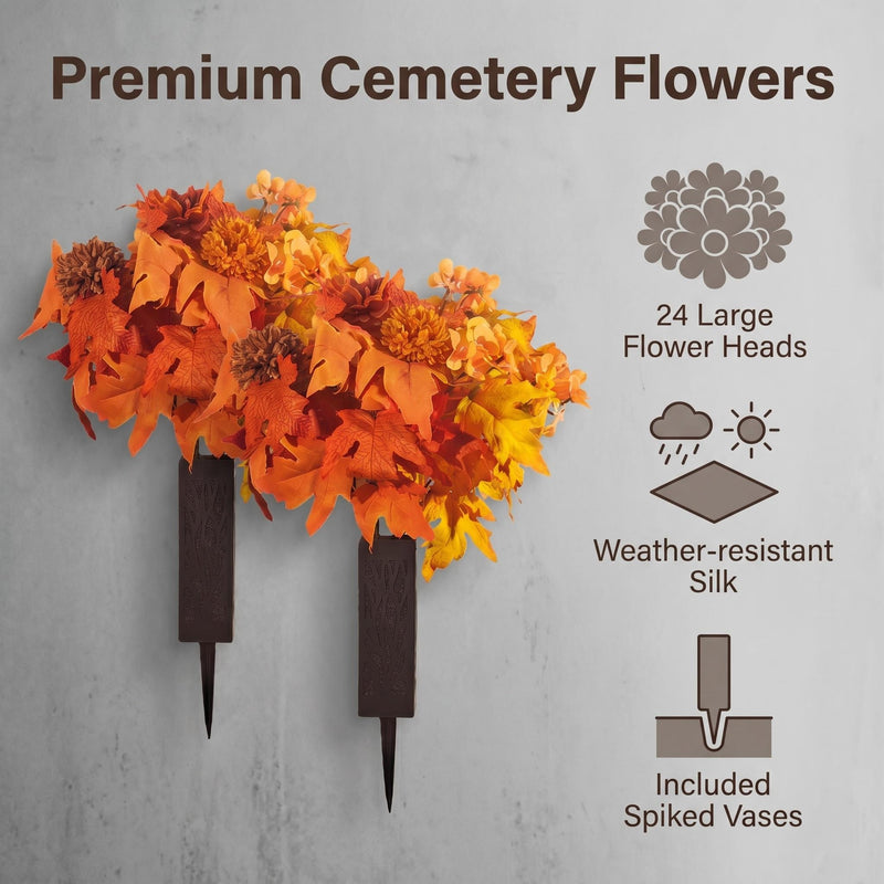 2 Pcs Realistic Fall Artificial Cemetery Flowers With Vase Dahlia & Mum Begonia Bouquet