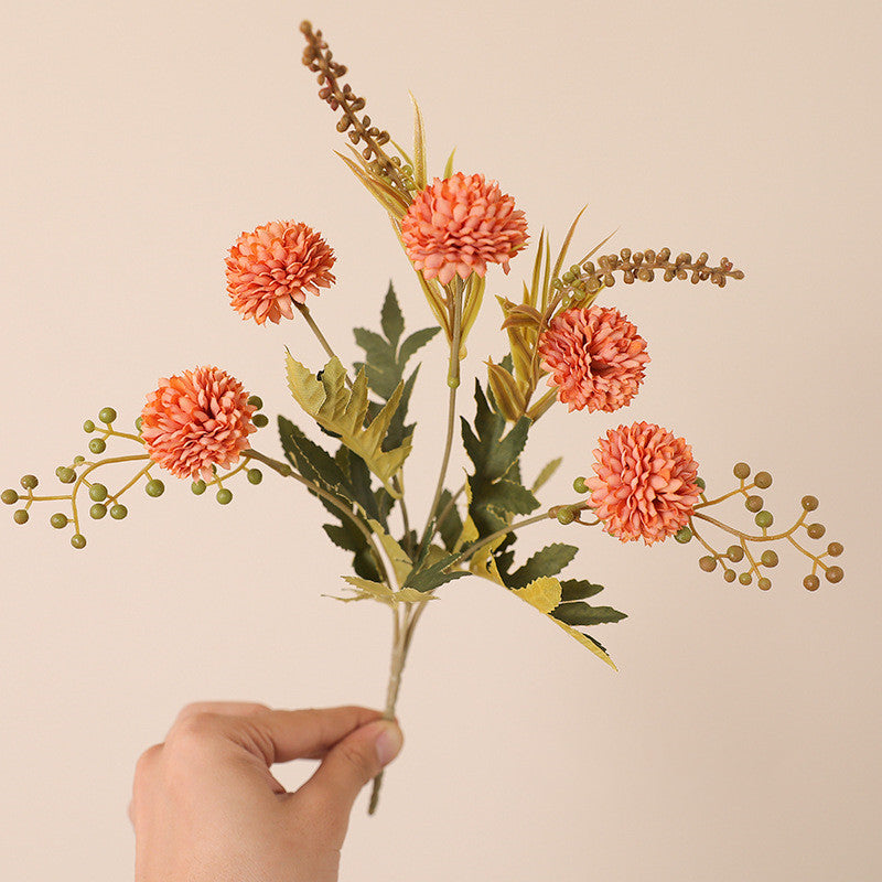 12.5 Inch Artificial Pom Pom Mums Bush, Realistic Silk Fall Flowers, 1 Stem for Autumn Decor, Thanksgiving Tabletop Wreath DIY