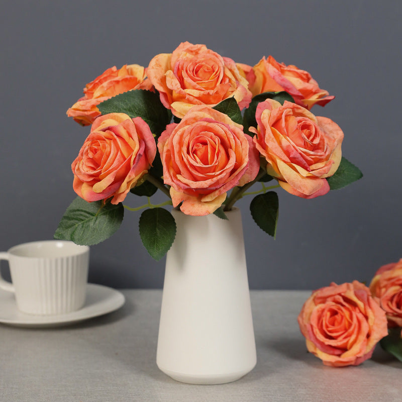 11 Inch Autumn Burnt Edge Rose Stems Silk Artificial Flowers 10 Pcs Bulk