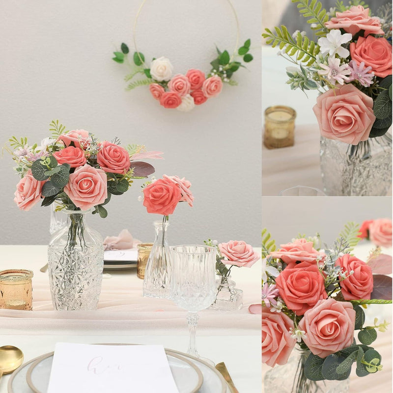 25 Pcs Artificial Foam Roses with Bendable Stems, 12 Inch, Ivory White Purple for DIY Wedding Bouquets and Centerpieces