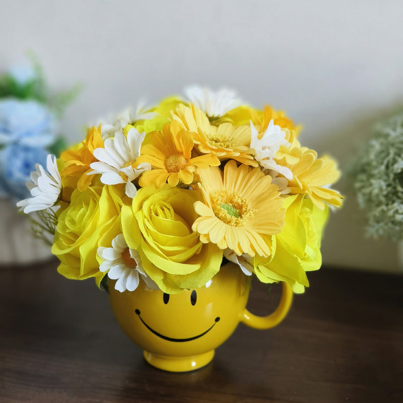 Artificial Flower Bouquet with Roses and Daisies, Mixed Colors, Silk, 12 Stems, 14 Inch Arrangement