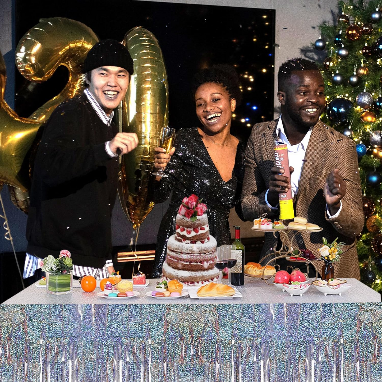 Bulk 2 Pcs Metallic Foil Rainbow Table Skirt 108.3*29.5 inches Perfect for Themed Parties Holidays and Everyday Decor Wholesale