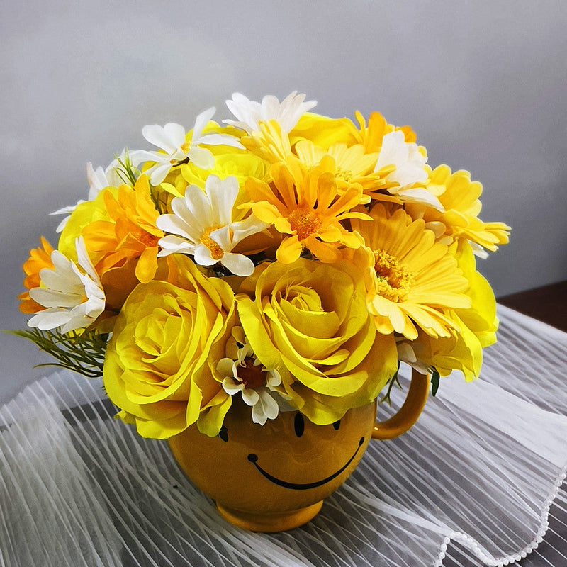 Artificial Flower Bouquet with Roses and Daisies, Mixed Colors, Silk, 12 Stems, 14 Inch Arrangement