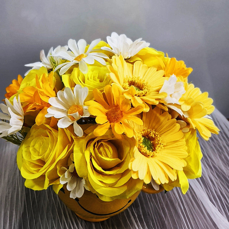 Artificial Flower Bouquet with Roses and Daisies, Mixed Colors, Silk, 12 Stems, 14 Inch Arrangement