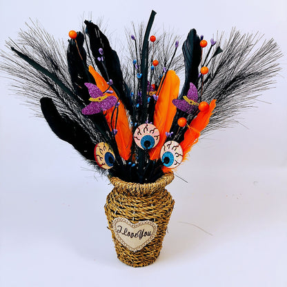 15 Inch Black Artificial Pampas Grass with Felt Eyeball Pumpkins Halloween Decoration Bulk