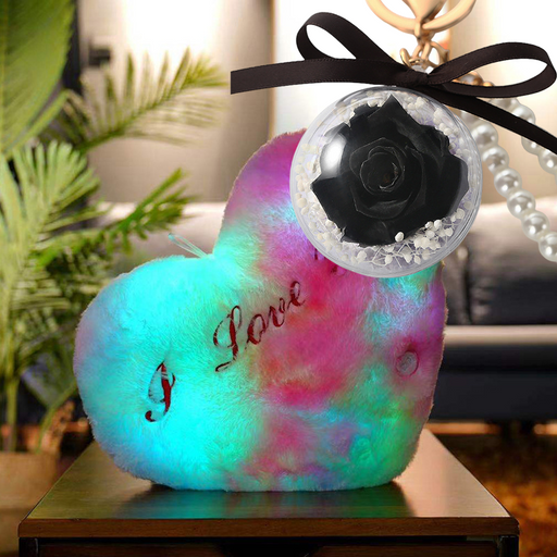 2 Pcs Preserved Rose Keychain with Heart Plush and LED Light Valentine's Day Gift