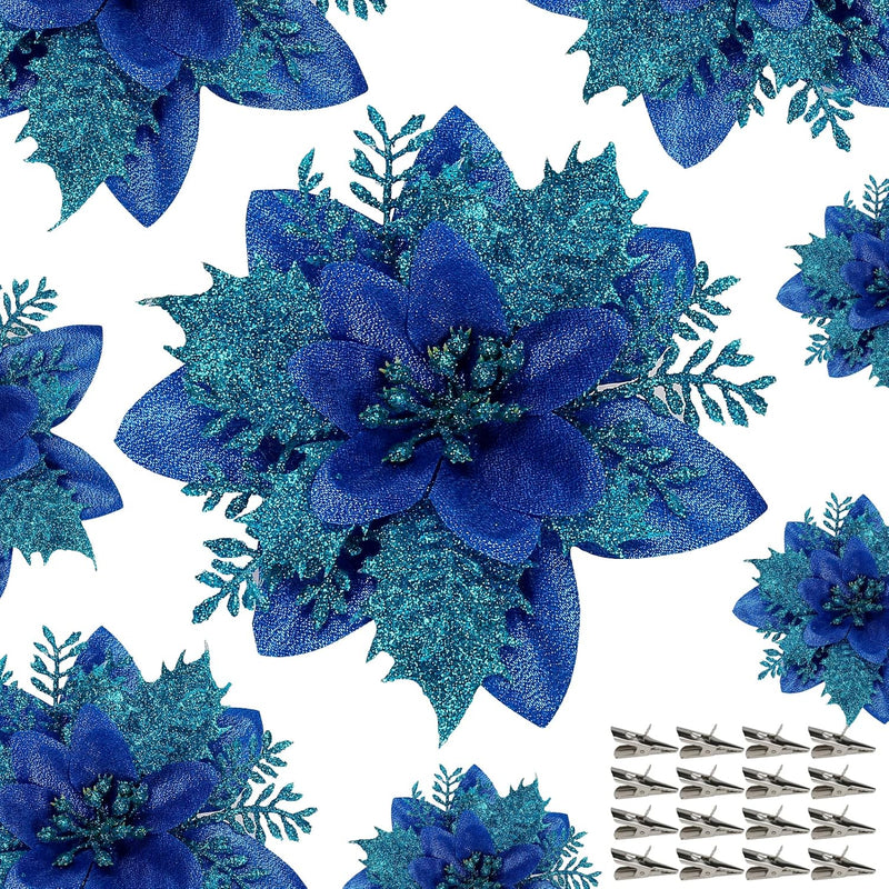 18 Pcs Artificial Poinsettia Flowers with Clips, Red Silk Christmas Decorations Bulk Set