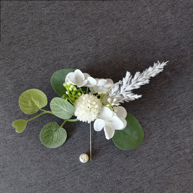 White Pom-Pom Hydrangea Boutonniere with Pearl Pin for Wedding, Bulk Quantity, Artificial Flowers