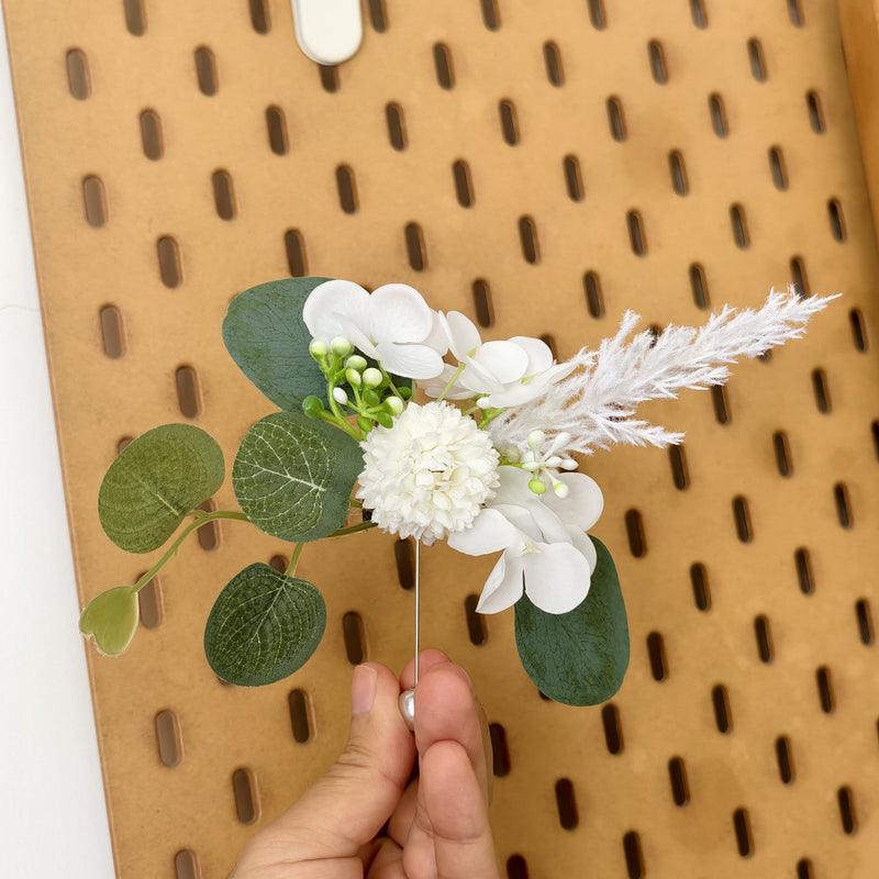 White Pom-Pom Hydrangea Boutonniere with Pearl Pin for Wedding, Bulk Quantity, Artificial Flowers