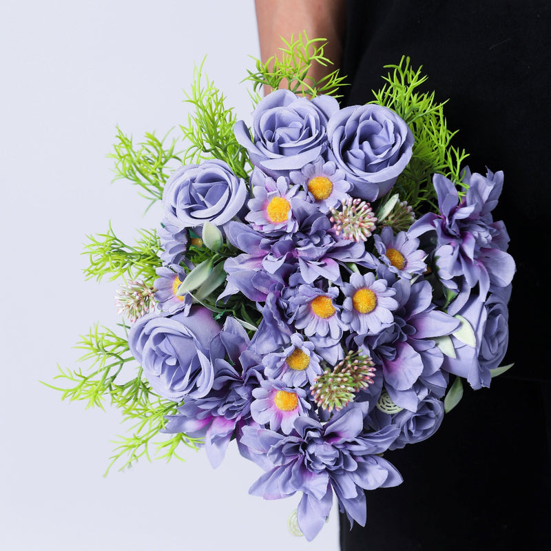 9 Inch Artificial Bridal Bouquet 3 Stems Purple Rose Dahlia Daisy Silk Flowers