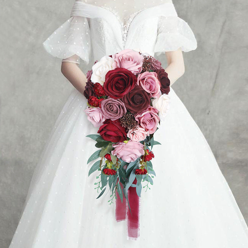 9 Inch Cascading Rose Bridal Bouquet Artificial Flowers Bulk Wholesale