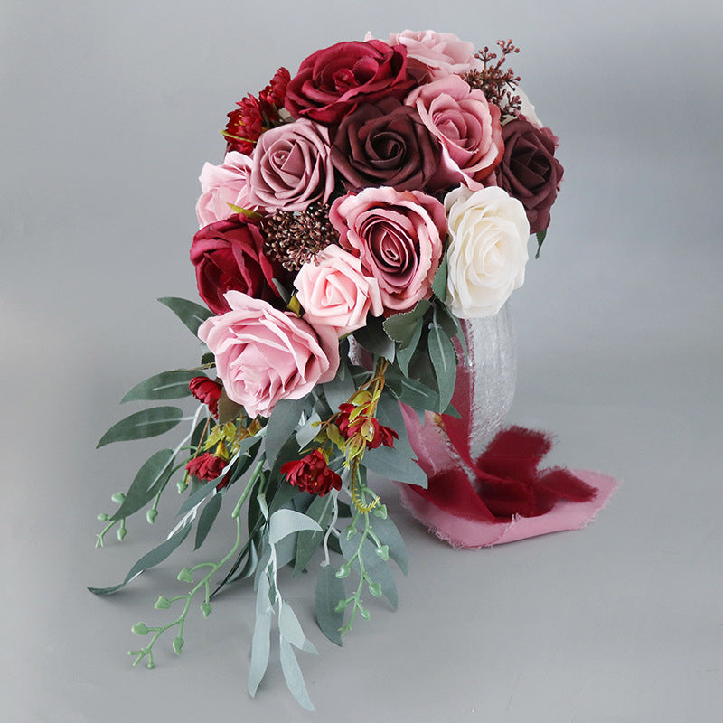 9 Inch Cascading Rose Bridal Bouquet Artificial Flowers Bulk Wholesale