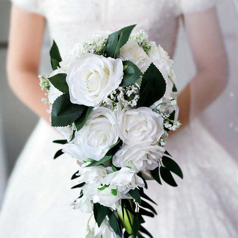 5 Colors 9 Inch Artificial Silk Rose Cascading Bridal Wedding Bouquet Bulk Set