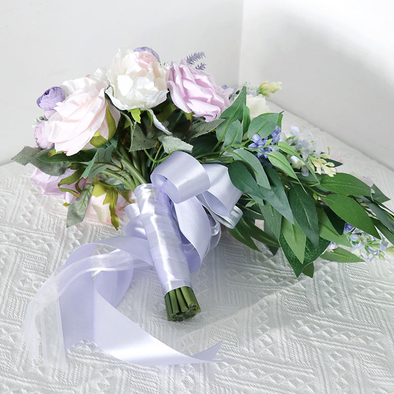 9 Inch Cascading Peony Bridal Bouquet 10 Stems Pink and Purple Artificial Flowers