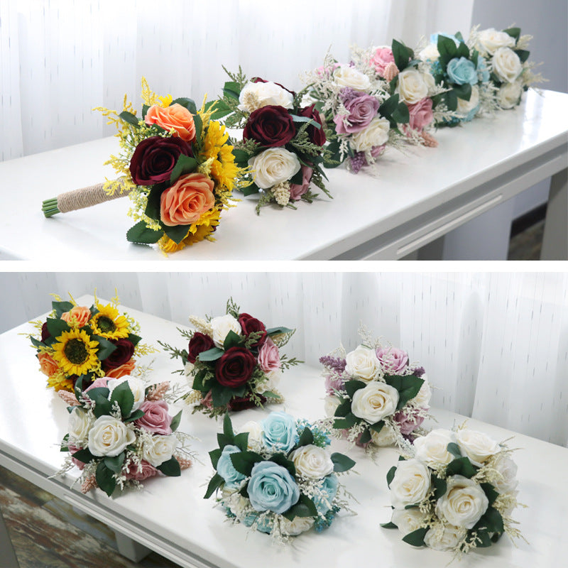 7 Inch Artificial Rose Bridesmaid Bouquets 10 Pcs Silk Wedding Flowers Bulk