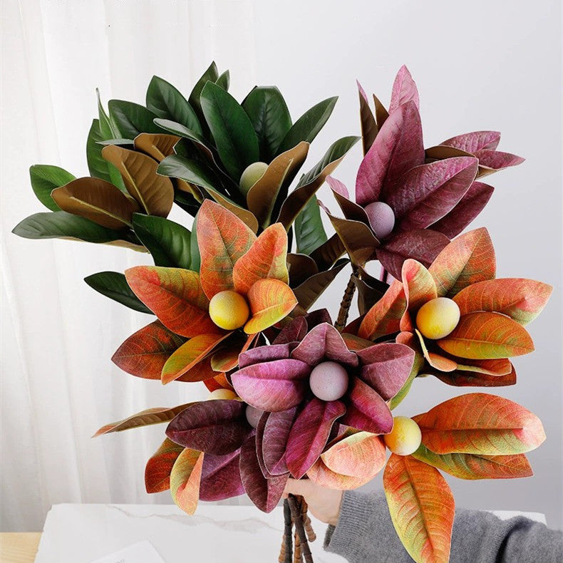 12 Inch Magnolia Leaves with Fruits Stems Spray, 12 Pcs Artificial Branch Leaves Bulk