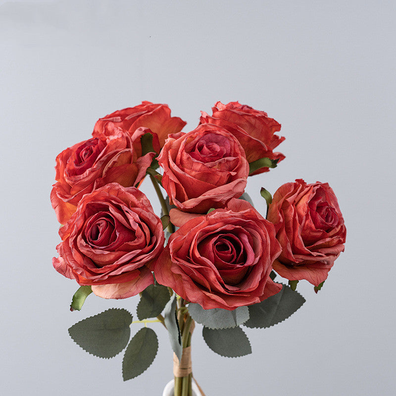 16.9 Inch Artificial Burnt-Edge Rose Bouquet, 10 Stems, Fall Colors Silk Flowers for Autumn Decor, Thanksgiving & Harvest Displays