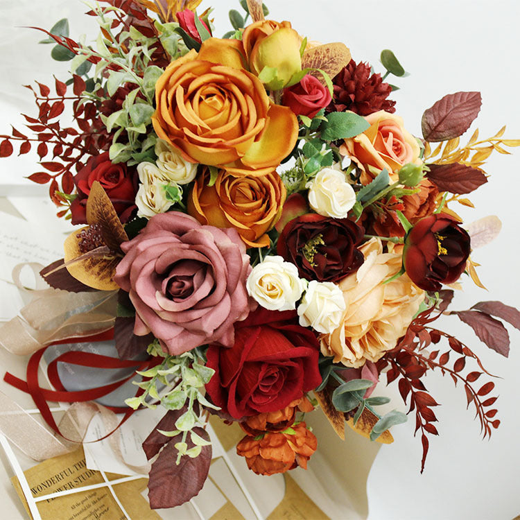 16 Inch Artificial Silk Rose Peony Flowers Bouquet, 10 Stems, Retro Style Floral Arrangement