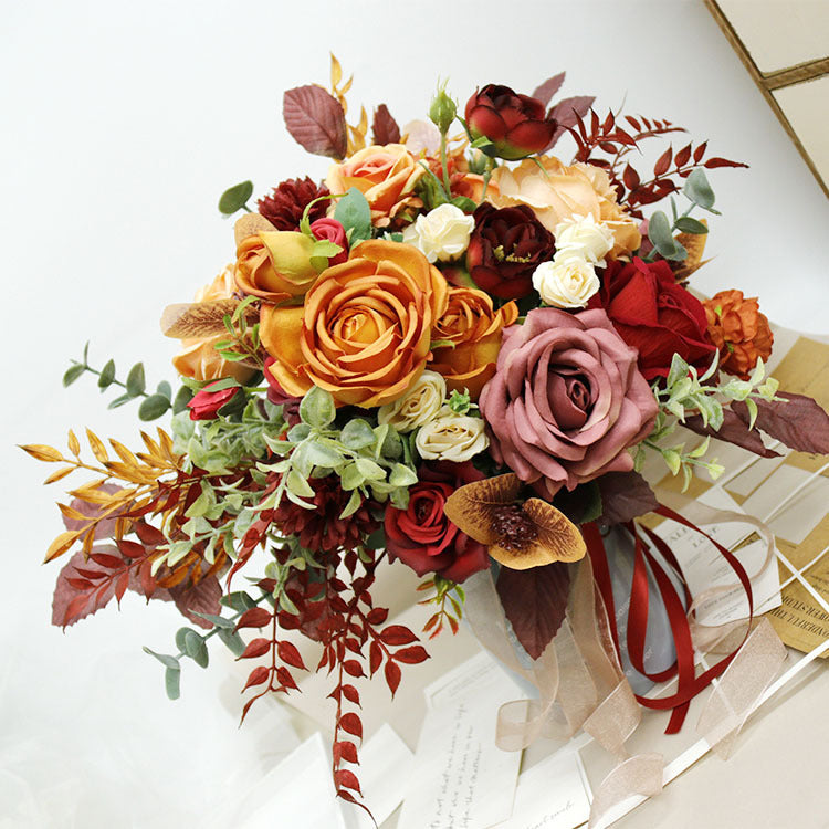 16 Inch Artificial Silk Rose Peony Flowers Bouquet, 10 Stems, Retro Style Floral Arrangement