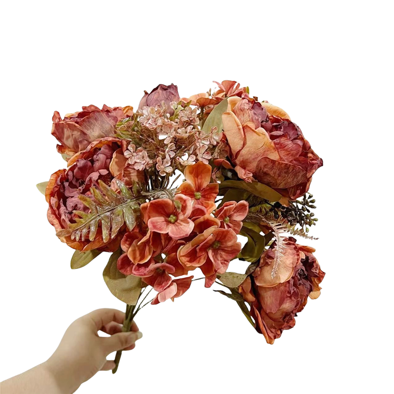 18 Inch Artificial Peony Bush Bouquet, Burnt Edge, Large, Bulk Wholesale, 18" Tall