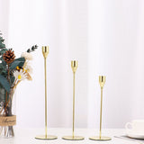 Bulk Set of 3 Gold Taper Candle Holders Metal Candle Stands for Wedding Dining and Parties Fits 3/4" Thick Candles and LED Candles Wholessale