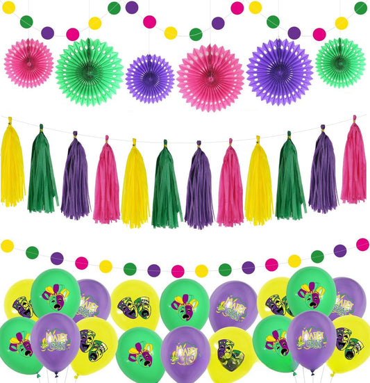 Bulk 2 Set Mardi Gras Party Supplies Props Paper Garland Latex Balloons Paper Fan Tissue Paper Tassel Garland Holiday Decor Wholesale
