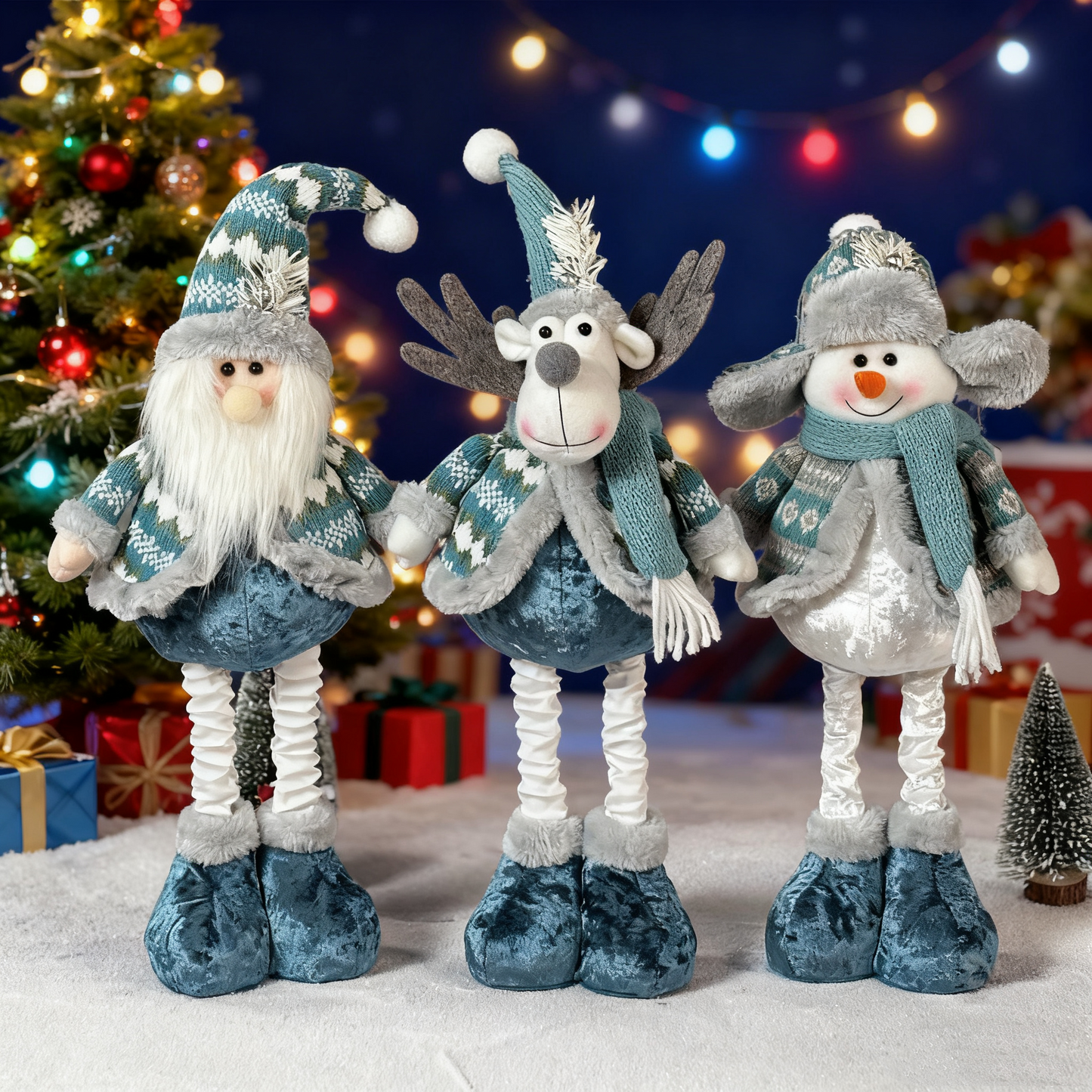 Stretchable Blue Santa-Snowman-Reindeer Plush – 12" Holiday Trio That Springs Into Action