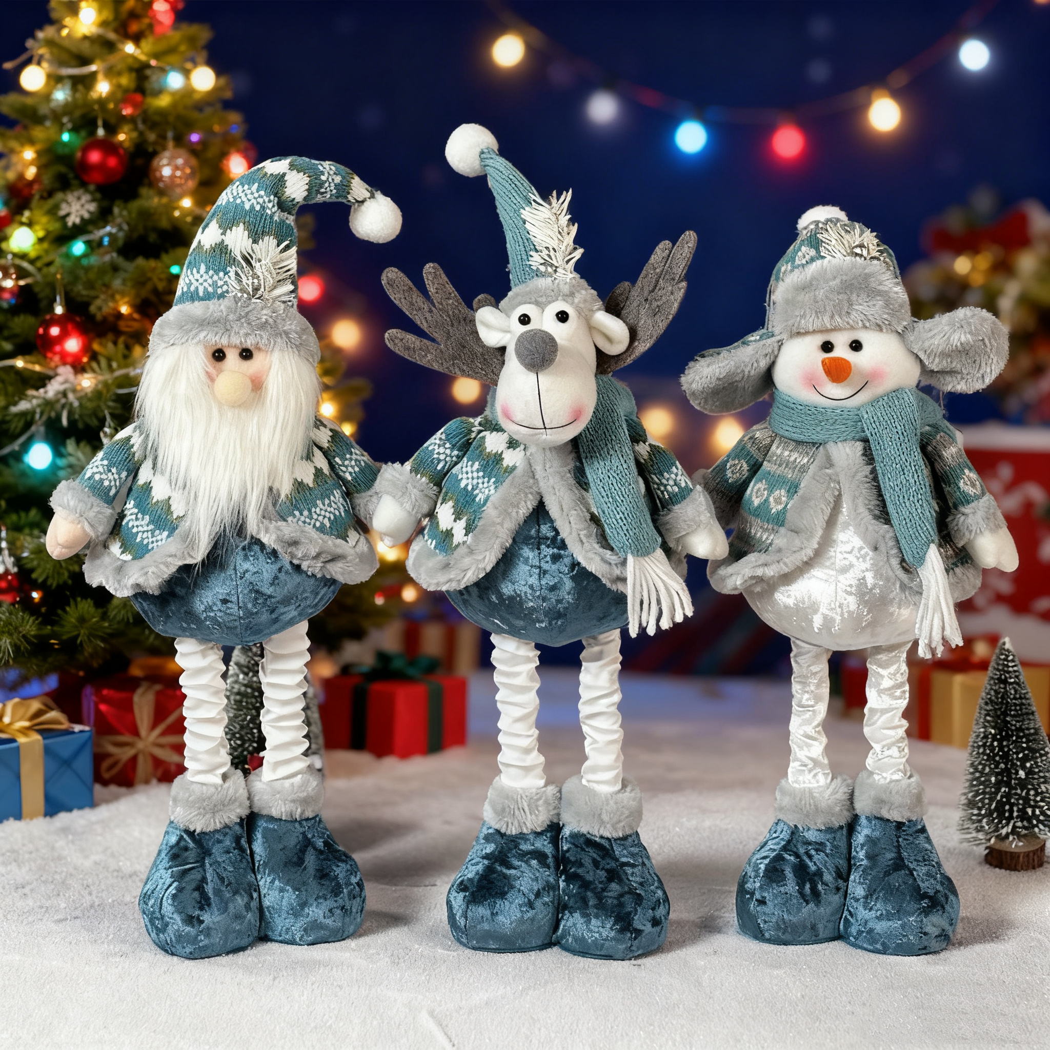 Stretchable Blue Santa-Snowman-Reindeer Plush – 12" Holiday Trio That Springs Into Action