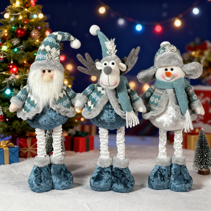 Stretchable Blue Santa-Snowman-Reindeer Plush – 12" Holiday Trio That Springs Into Action