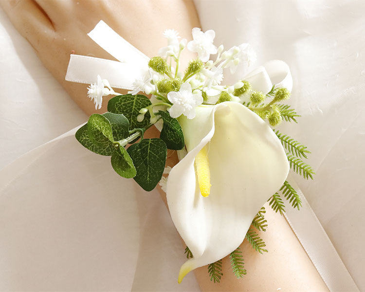 Handmade Calla Lily Wrist Corsage with Greenery, Bulk Artificial Flowers for Wedding, Prom, 1 Pc