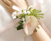 Handmade Calla Lily Wrist Corsage with Greenery, Bulk Artificial Flowers for Wedding, Prom, 1 Pc