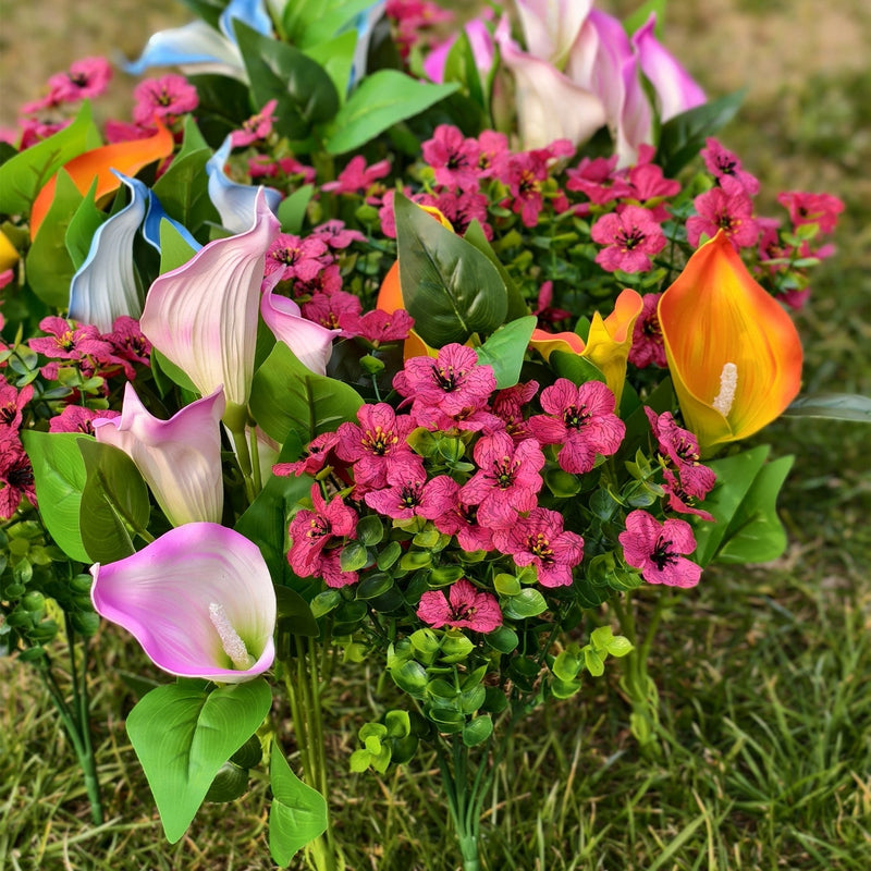 12 Bundles 15.7 Inch UV Resistant Artificial Calla Lily and Orchid Flowers for Outdoor Spring Decor