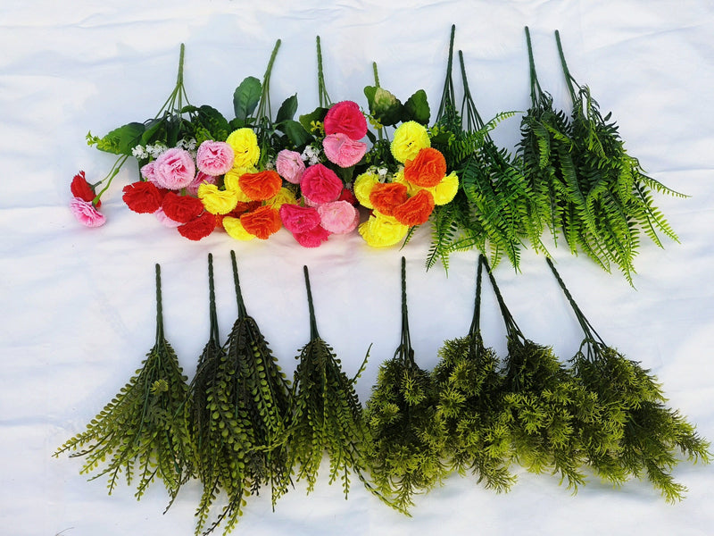 16 Inch 16 Pcs Mixed Artificial Carnation Flowers with Green Leaves UV Resistant Outdoor Plants