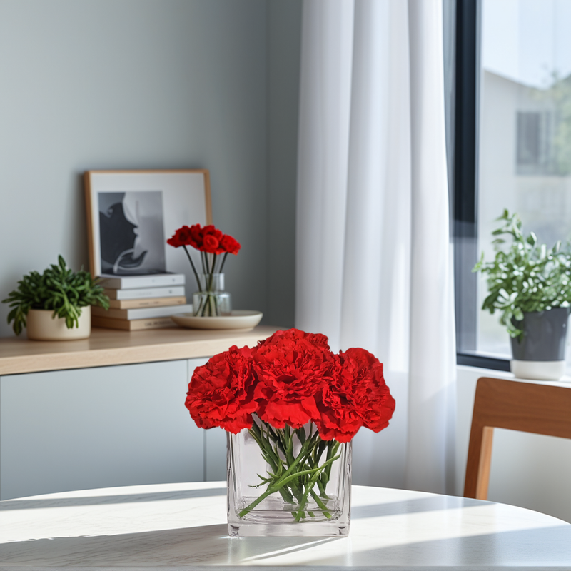 7 Inch Red Artificial Carnations 1 Stem Real Touch Silk Flowers in Vase with Faux Water