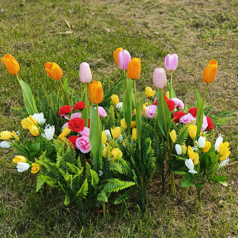 24 Pcs Artificial Outdoor Tulip and Carnation Flowers with Green Leaves UV Resistant