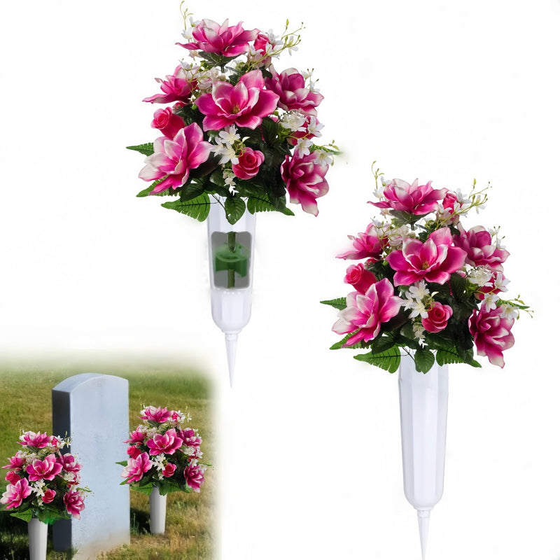 18 Inch Artificial Cemetery Flowers with Vase, 2 Sets Bulk Grave Decoration