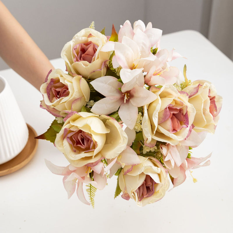 2 Pcs 13 Inch Artificial Silk Rose and Lily Bouquet Mixed Flowers