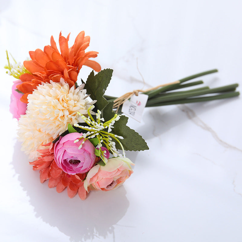 12 Inch Mixed Faux Chrysanthemum Pompon and Peony Buds Bouquet, 10 Pcs Artificial Flowers