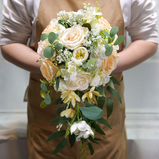 9 Inch Champagne White Artificial Cascade Peony Bouquet 1 Pc Wedding Flower Arrangement