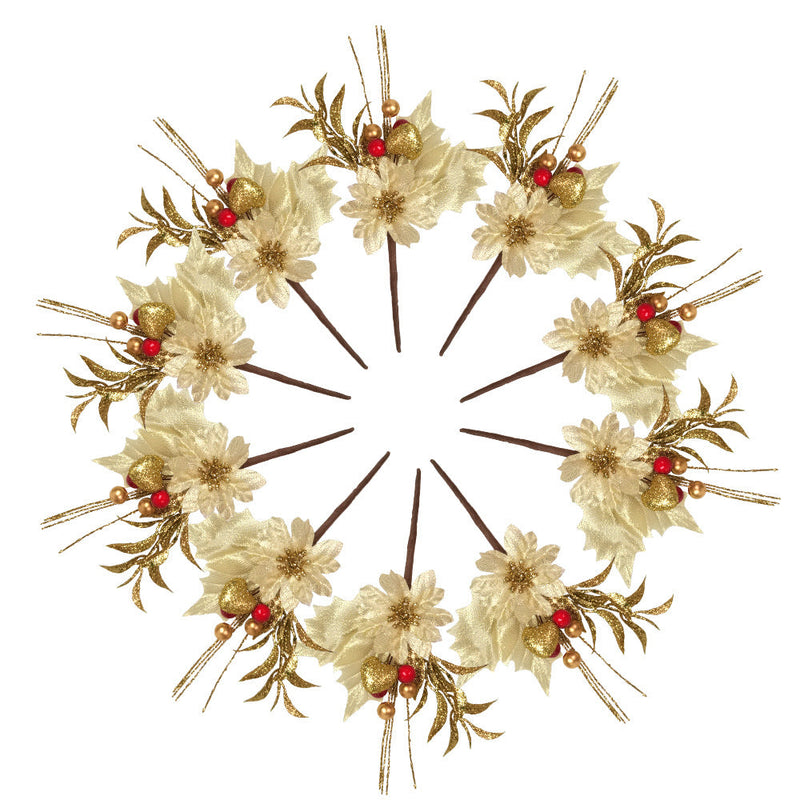10 Pcs Artificial Christmas Gold Flower Stems Picks Ornaments Bulk