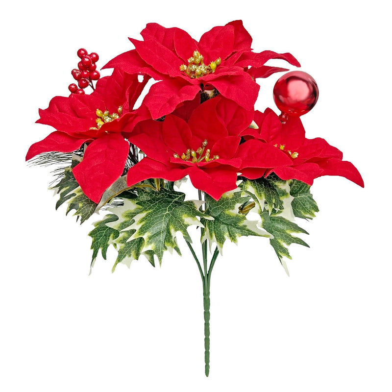 13.7 Inch Artificial Poinsettia Bouquet, Velvet Fabric, Christmas Decoration, Bulk Quantity