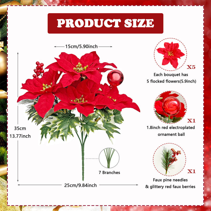 13.7 Inch Artificial Poinsettia Bouquet, Velvet Fabric, Christmas Decoration, Bulk Quantity