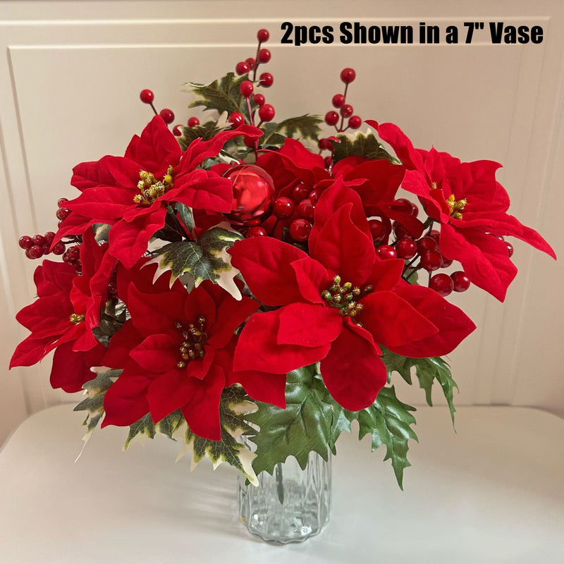 13.7 Inch Artificial Poinsettia Bouquet, Velvet Fabric, Christmas Decoration, Bulk Quantity