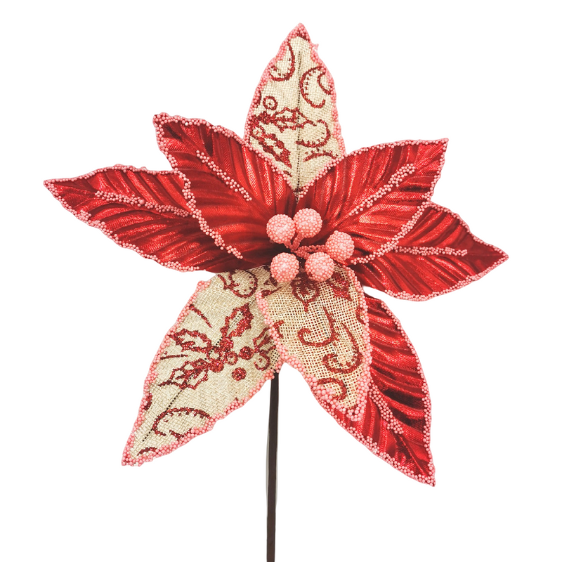 10 Inch Glitter Artificial Poinsettia Flower Stems, 10 Pcs Christmas Decoration