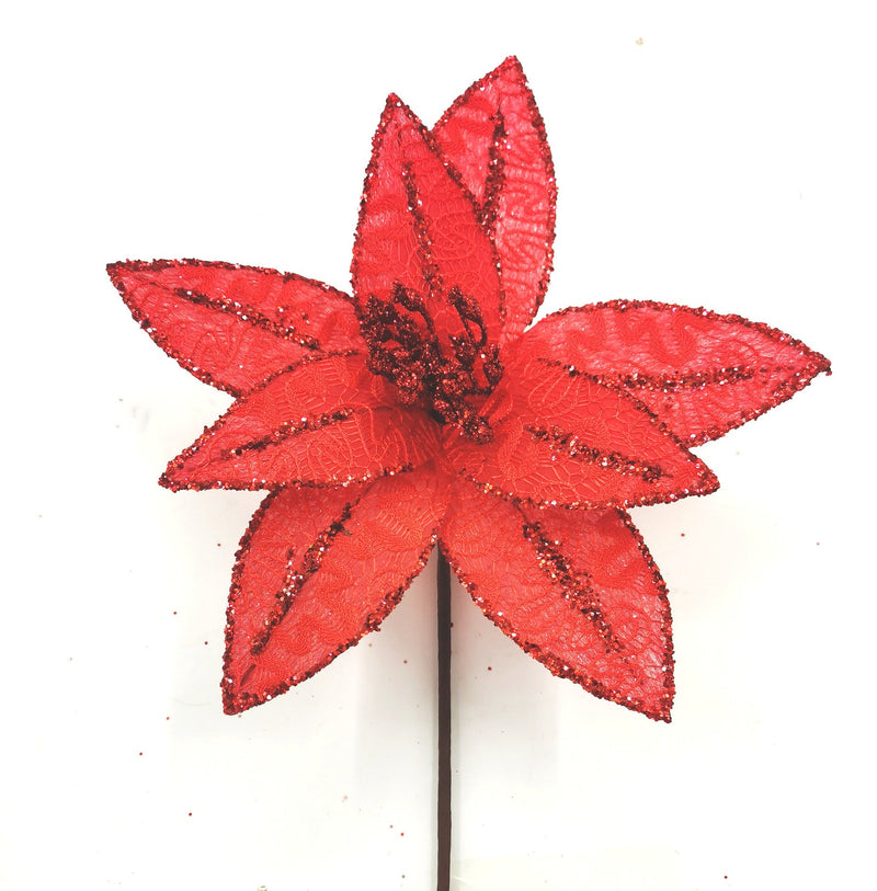 10 Inch Glitter Artificial Poinsettia Flower Stems, 10 Pcs Christmas Decoration