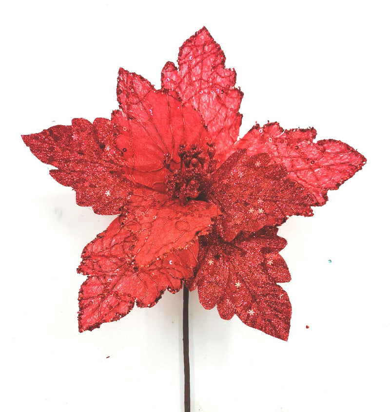 10 Inch Glitter Artificial Poinsettia Flower Stems, 10 Pcs Christmas Decoration