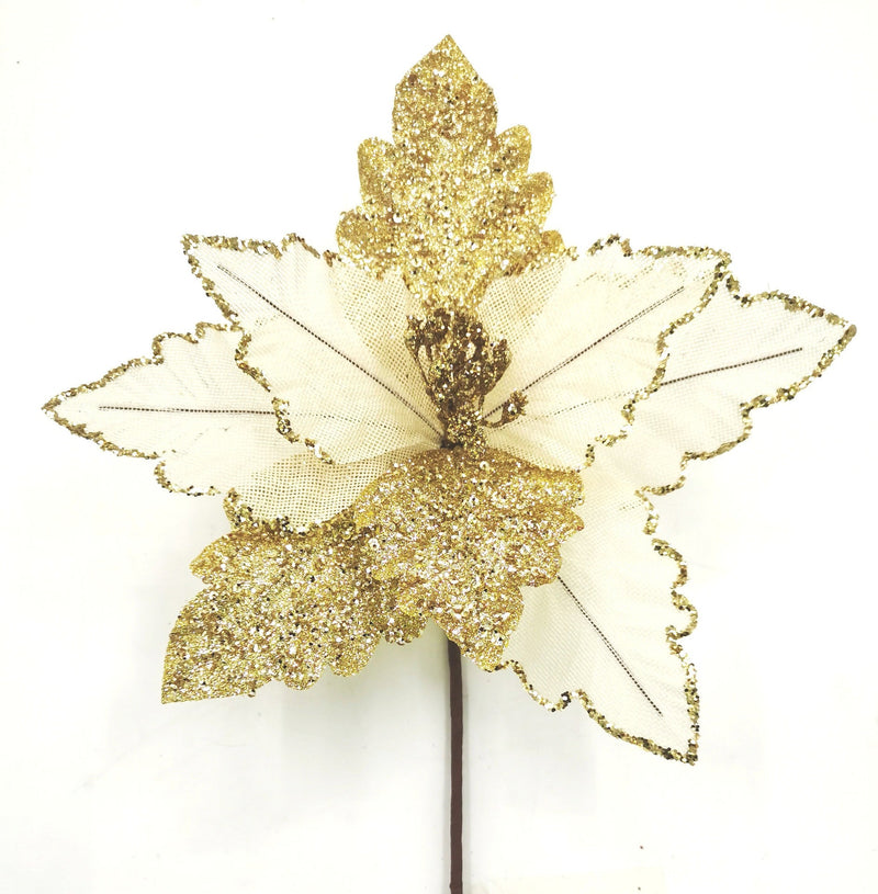 10 Inch Glitter Artificial Poinsettia Flower Stems, 10 Pcs Christmas Decoration