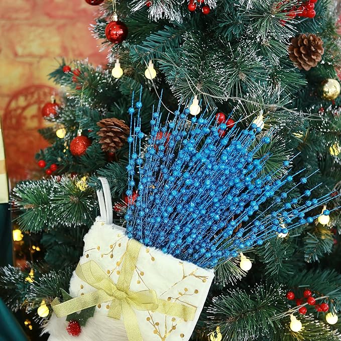 10 Bundles 17 Inch Artificial Glitter Holy Berry Stems Christmas Picks Bulk